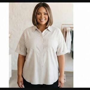 Dizzy Lizzie Beige White Striped Relaxed Button Down Shirt Women's 2X NWT
